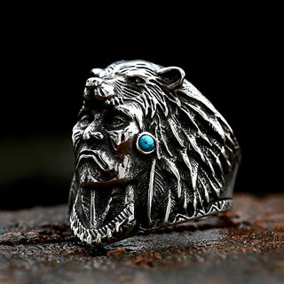 Vintage Stainless Steel Indian Warrior Ring With Blue Stone Punk Biker Wolf Animal Ring For Men Women Religion Jewelry Wholesale