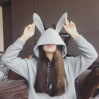 Rabbit Cap Hoodi Dress Women Korean Hooded Sweatshirt Ears Cute Top Long Sleeve Blouse Oversize Streewear Ladies Overcoat Female