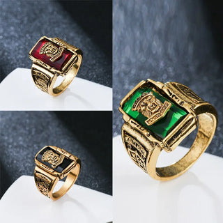 3 PCS Vintage Gold-Color Carved Person Big Square Red Crystal Gemstone Ring For Men Fashion Punk Jewelry Ring Accessories