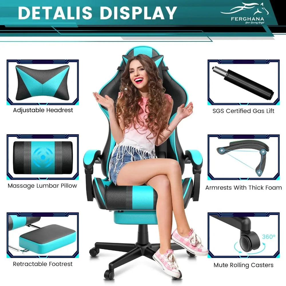 New Massage Racing Chair for Gaming,Ergonomic Office Chair with Retractable Footrest