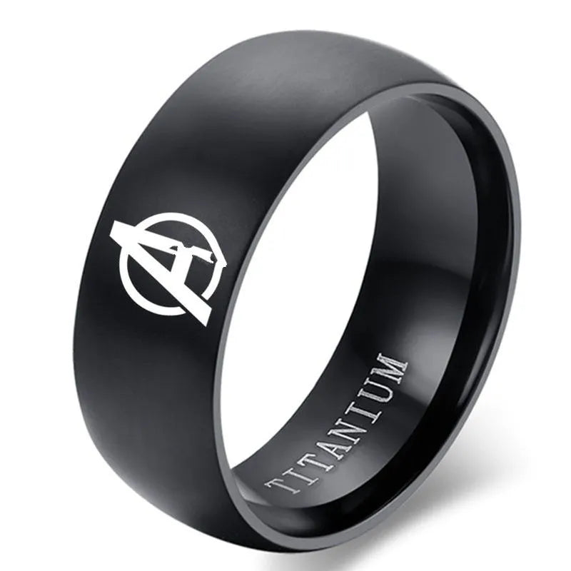 8mm Hot Movie Ring Black Titanium Aveng Logo Ring For Men and Women