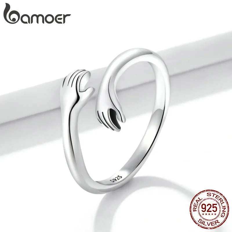 bamoer 925 Sterling Silver Hug Warmth and Love Hand Adjustable Ring for Women Party Jewelry, His Big Loving Hugs Ring 3 Colors