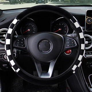 Black White Grid Plush Car Steering Wheel Cover Sport Style Warm Auto Steering Wheel Protector Interior Decoration Accessories