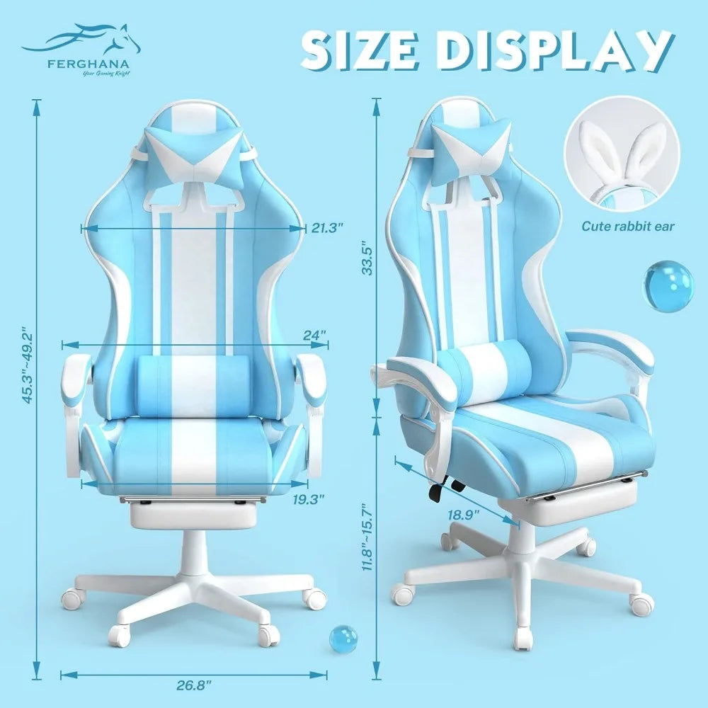 Kawaii Light Blue Gaming Chair with Bunny Ears, Ergonomic Cute Gamer Chair with Footrest and Massage, Racing Reclining