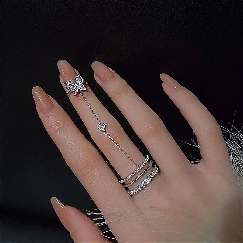 Personality Double Finger Chain Rings for Women Ring Set Tassel Butterfly Cross Punk Rings Ladies Fashion Hip Hop Jewelry Gifts