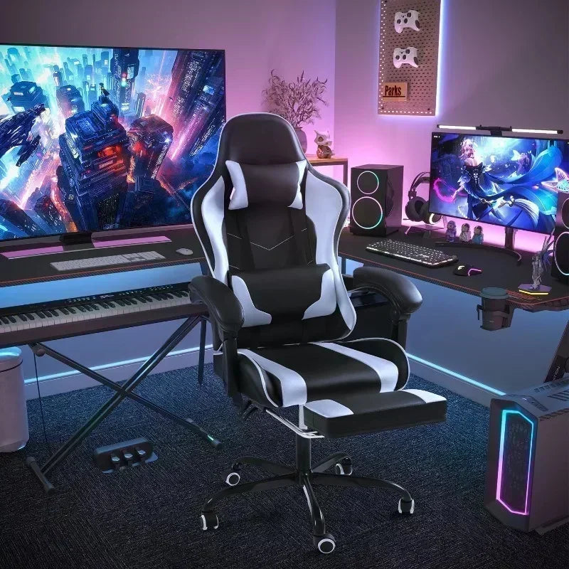 PU Leather Gaming Chair with Footrest & Lumbar Support,White