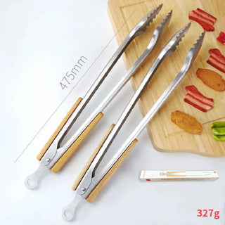 19 Inch Stainless Steel Extra Large Food Clip Baking Wooden Handle Bamboo Handle Barbecue Clip Baking Barbeque Accessories