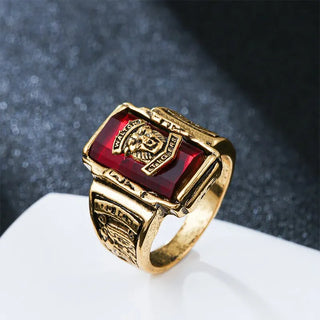 3 PCS Vintage Gold-Color Carved Person Big Square Red Crystal Gemstone Ring For Men Fashion Punk Jewelry Ring Accessories