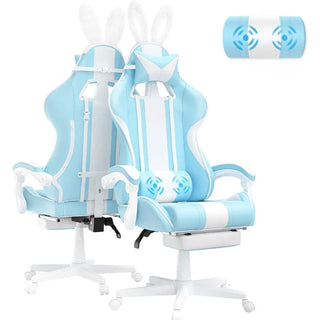 Kawaii Light Blue Gaming Chair with Bunny Ears, Ergonomic Cute Gamer Chair with Footrest and Massage, Racing Reclining