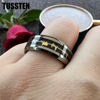 TUSSTEN 8MM Heart Love Ring Tungsten Wedding Band For Men Women With Black Carbon Fiber Inlay Comfort Fit