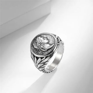 LETAPI Punk Vintage Roman Caesar Head Rings Silver Color Stainless Steel Coin Jules Caesar Ring for Men Male Jewelry