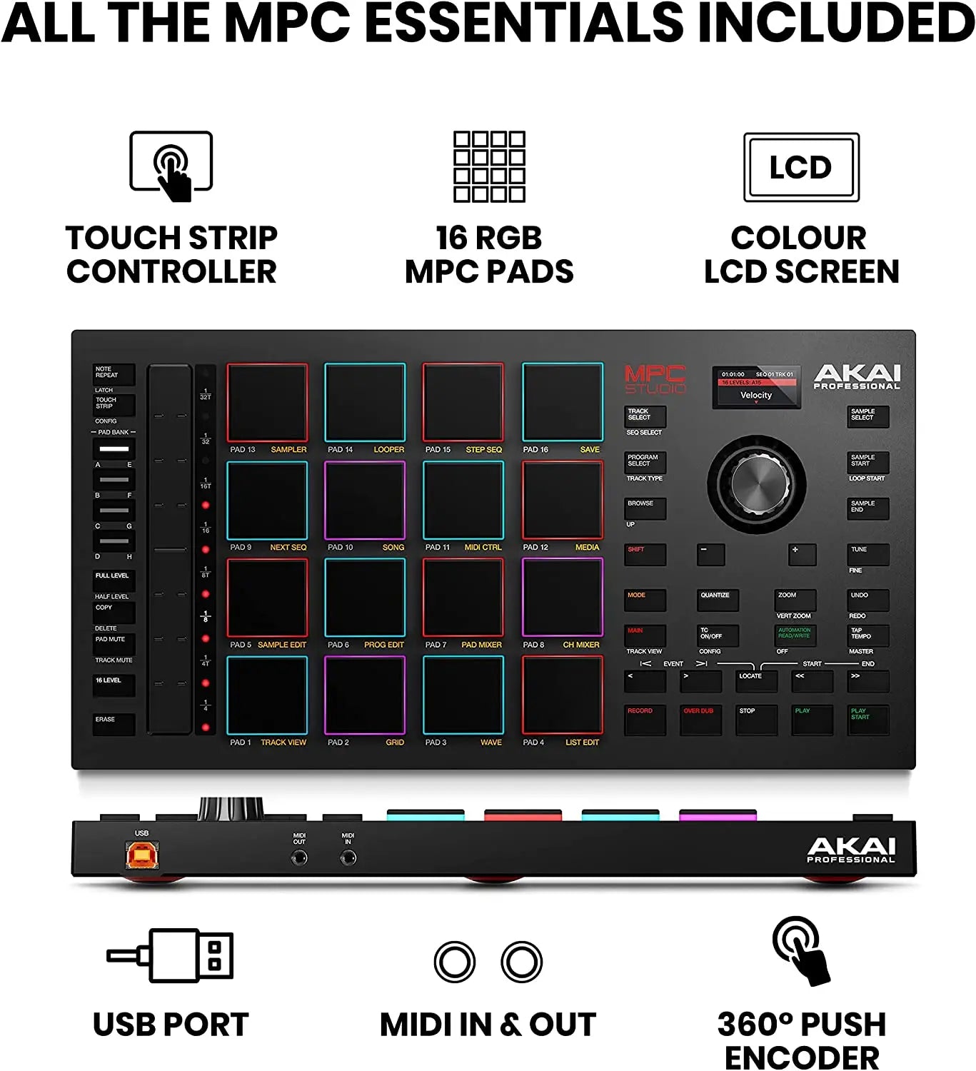 Akai Professional MPC Studio MIDI Controller Beat Maker with 16 Velocity Sensitive RGB Pads, Full MPC 2 Software, assignable Tou