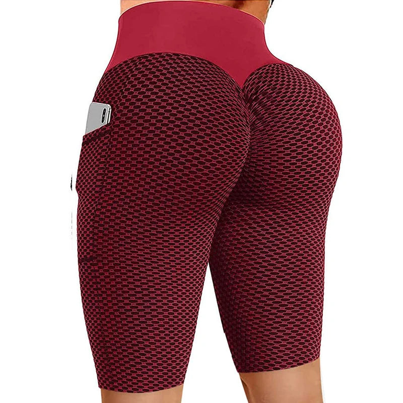 Summer Pocket Yoga Shorts Women Sexy Buttock Lifting Honeycomb Jacquard Fitness Leggings Stretch Sports Running Short Pants