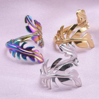 New Personality Leaf Shape Open Adjustable Rings For Women Stainless Steel Fashion Feather Shape Finger Rings Jewelry Anillos