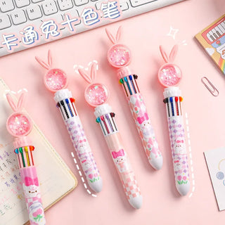 12Pcs Kawaii Rabbit Ballpoint Pen 10 Colors Cartoon Cute Bunny Sequin Pens Kids School Office Stationery Multicolor Ball Pen