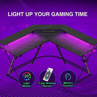 L Shaped Gaming Desk with LED Lights & Power Outlets, 50.4” Computer Desk with Monitor Stand & Carbon Fiber Surface