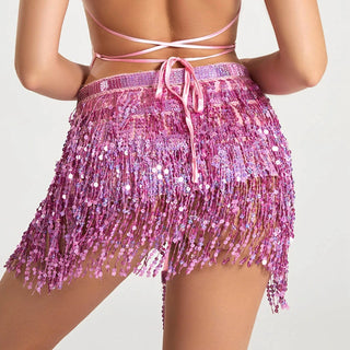 Sexy Belly Dance Layer Skirt Sequins Chain Tassel Belts Clubwear Latin Hula Dance Practice Dress Performance Hip Waist Scarf