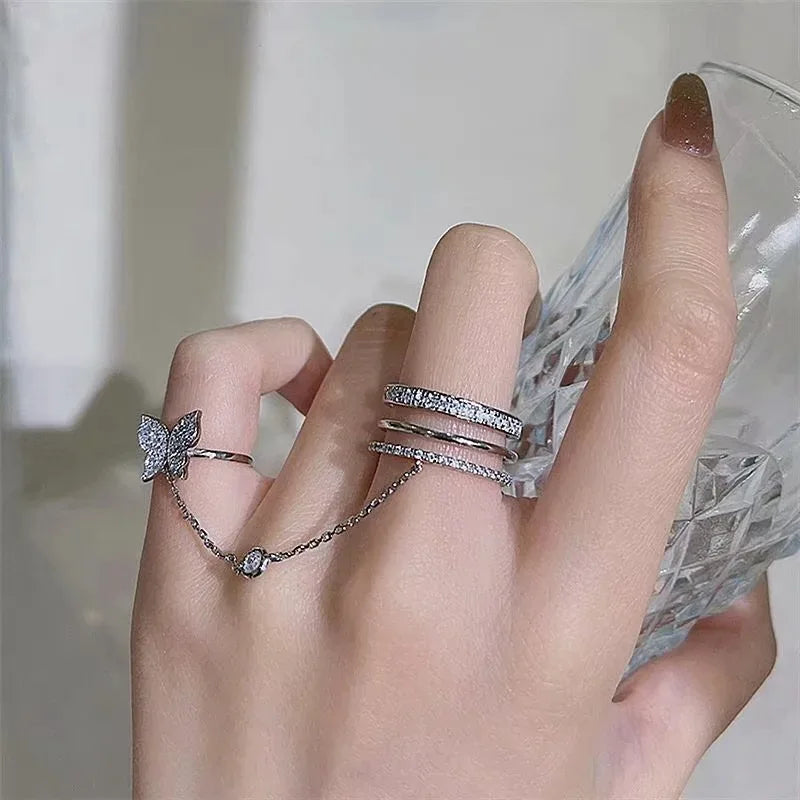 Personality Double Finger Chain Rings for Women Ring Set Tassel Butterfly Cross Punk Rings Ladies Fashion Hip Hop Jewelry Gifts