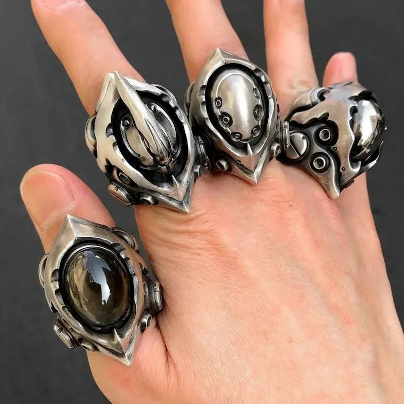 Men Stainless Steel Ring Gothic Punk Alien Mecha Rings for Men Women Engagement Wedding Ring Motorcycle Party Jewelry Gifts