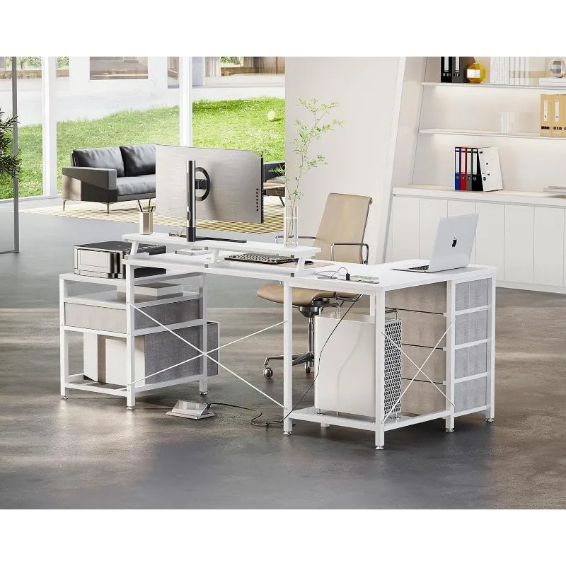 KKL L Shaped Computer Desk , 72 Inch Home Office Desk with Printer Cabinet & Monitor Shelf & Host Storage Shelves