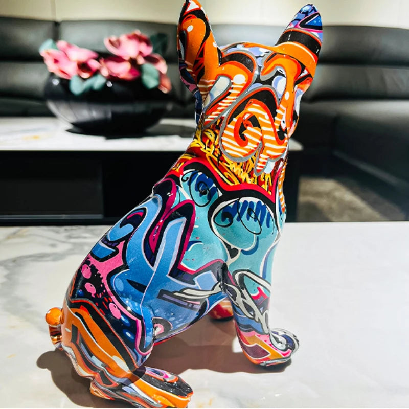 Colorful French bulldog statue, splash art animal crafts, suitable for living room, office desk, bookshelf decoration items.