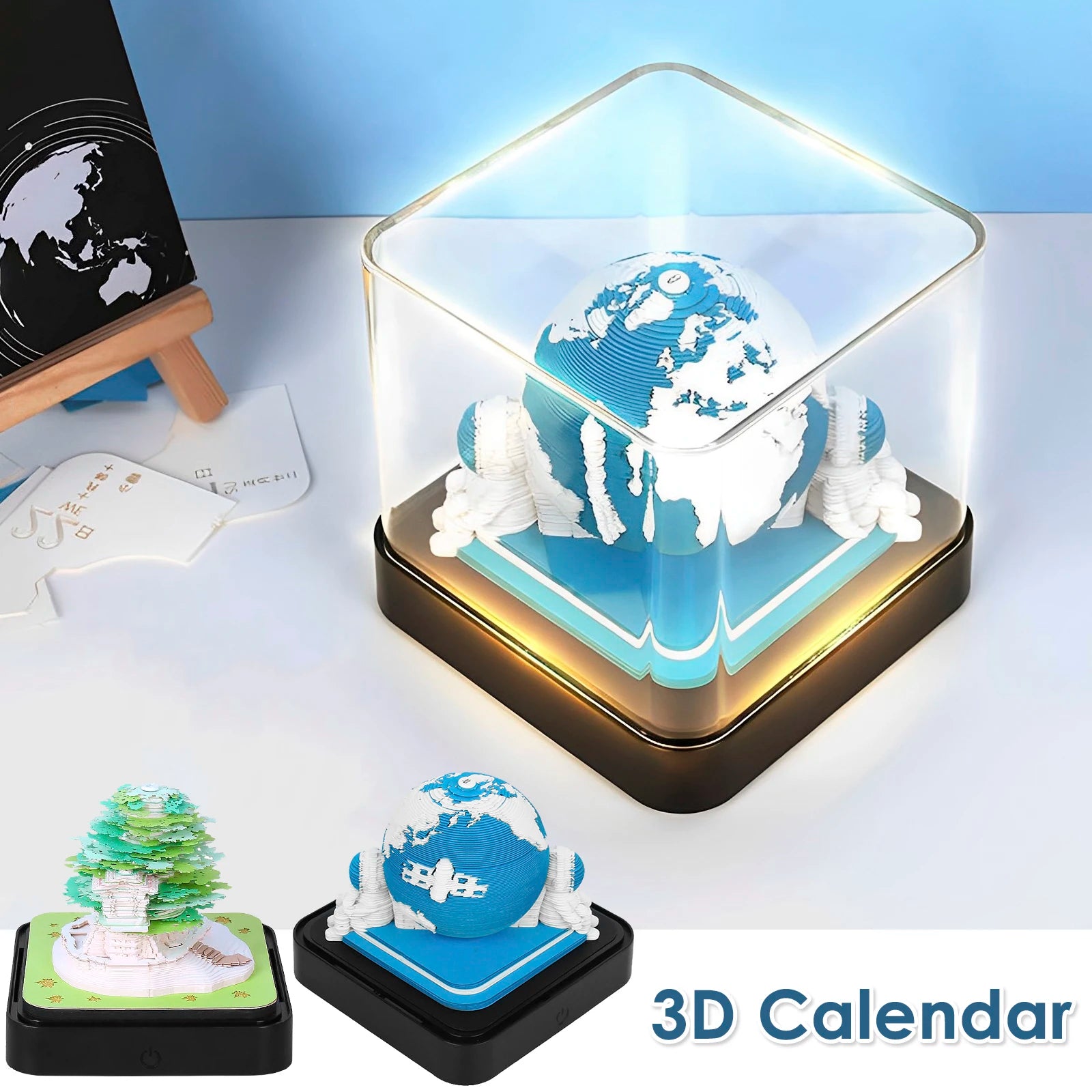 LED Block 2024 3D Notepad Memo Pad Sakura Treehouse LED 3D Calendar Block Notes Offices Paper Notes Christmas Birthday Gift