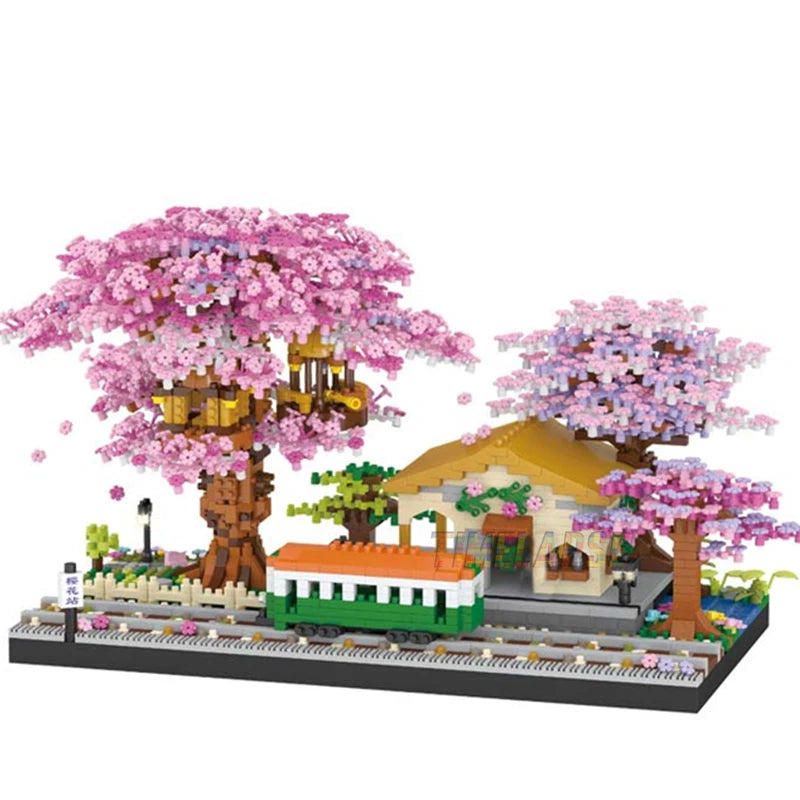 2138pcs DIY Discoloration Cherry Blossom Flower Pink Tree House Train Assembly Building Blocks Classic Model Bricks Sets Kid