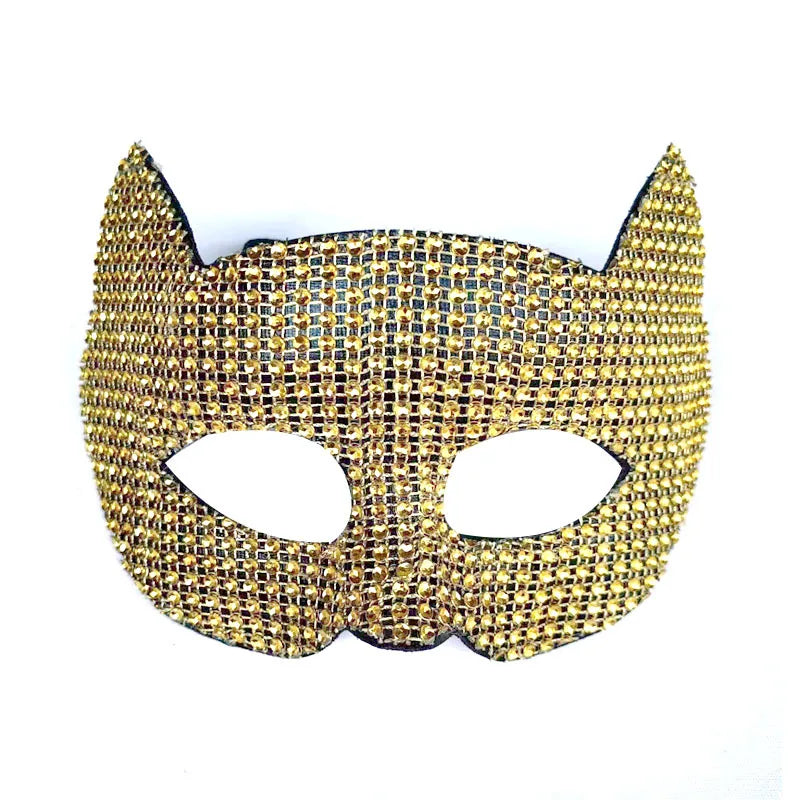 Shiny Masquerade Cosplay Cat Mask for Women Rhinestone Plastic Face Cover Carnival Dancer Props Mens Punk Fancy Dress Party Mask