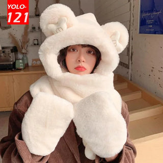 Natural Rabbit Fur Bear Ears Hat Women Winter Fashion Thickening Warm Plush Scarf Outdoor Skiing Integrated Hooded Scarf