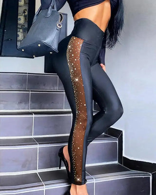 Pants for Women Spring Sexy Black Rhinestone Mesh High Waist Skinny Long Pants Yk2