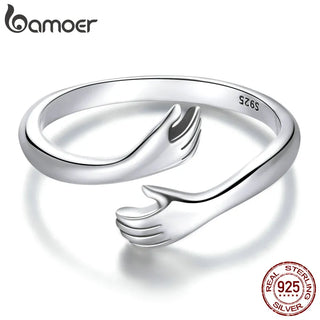 bamoer 925 Sterling Silver Hug Warmth and Love Hand Adjustable Ring for Women Party Jewelry, His Big Loving Hugs Ring 3 Colors