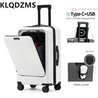 KLQDZMS 20 24 26 Inch Front Zippered Suitcase Portable Standing Trolley Cup Holder USB Charging Port Travel Boarding Luggage