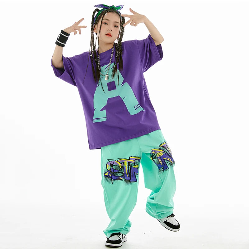 2023 Summer Kids Loose Cotton T-Shirt Pants Boys Hip Hop Outfit Modern Jazz Dance Costume Girls Kpop Performance Wear BL10366