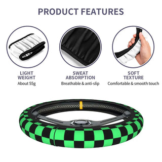 Fashion Black And Green Checkerboard Pattern Steering Wheel Cover Tartan Steering Wheel Protector Universal Fit Car Accessories