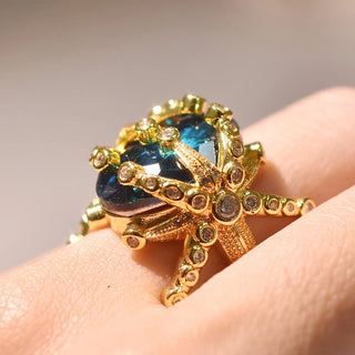 Fishion 14k Gold Color Sapphire Gemstone Ring for Women Peacock Blue Topaz Stone Dainty 925 Jewelry Birthday Gift for Mom