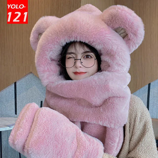 Natural Rabbit Fur Bear Ears Hat Women Winter Fashion Thickening Warm Plush Scarf Outdoor Skiing Integrated Hooded Scarf