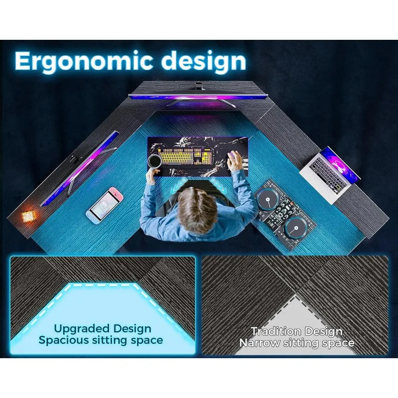 L Shaped Gaming Desk with LED Lights & Power Outlets, Reversible 56" Computer Desk with Full Monitor Stand & Storage Shelves