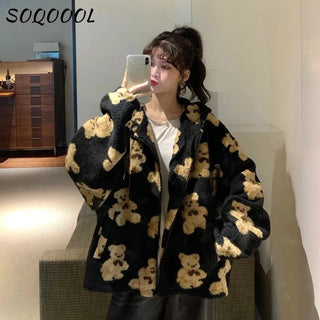 Cartoon Heart Bear Zip Up Hoodie Women Fleece Sweatshirt Hip Hop Warm Winter Loose Jacket Long Sleeve Hooded Shirt Teddy Coat