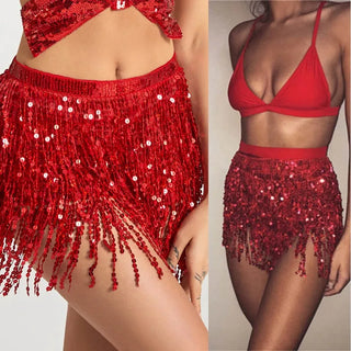 Sexy Belly Dance Layer Skirt Sequins Chain Tassel Belts Clubwear Latin Hula Dance Practice Dress Performance Hip Waist Scarf