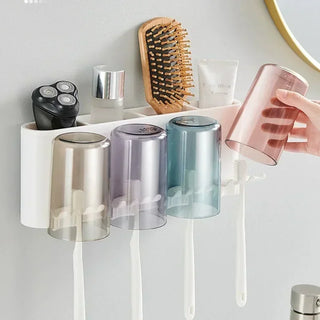 Bathroom Toothbrush Holder Organizer with Cup Toothpaste Squeezer Dispenser Wall Storage Rack Bathroom Accessories Shelf