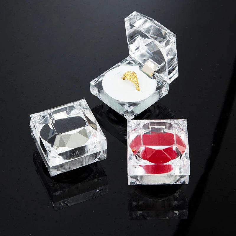 Transparent Crystal Square Ring Box Cube Four-corner Acrylic Ring Holder Wedding Engagement Ring Storage Display Case Gift Box