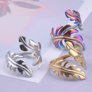 New Personality Leaf Shape Open Adjustable Rings For Women Stainless Steel Fashion Feather Shape Finger Rings Jewelry Anillos