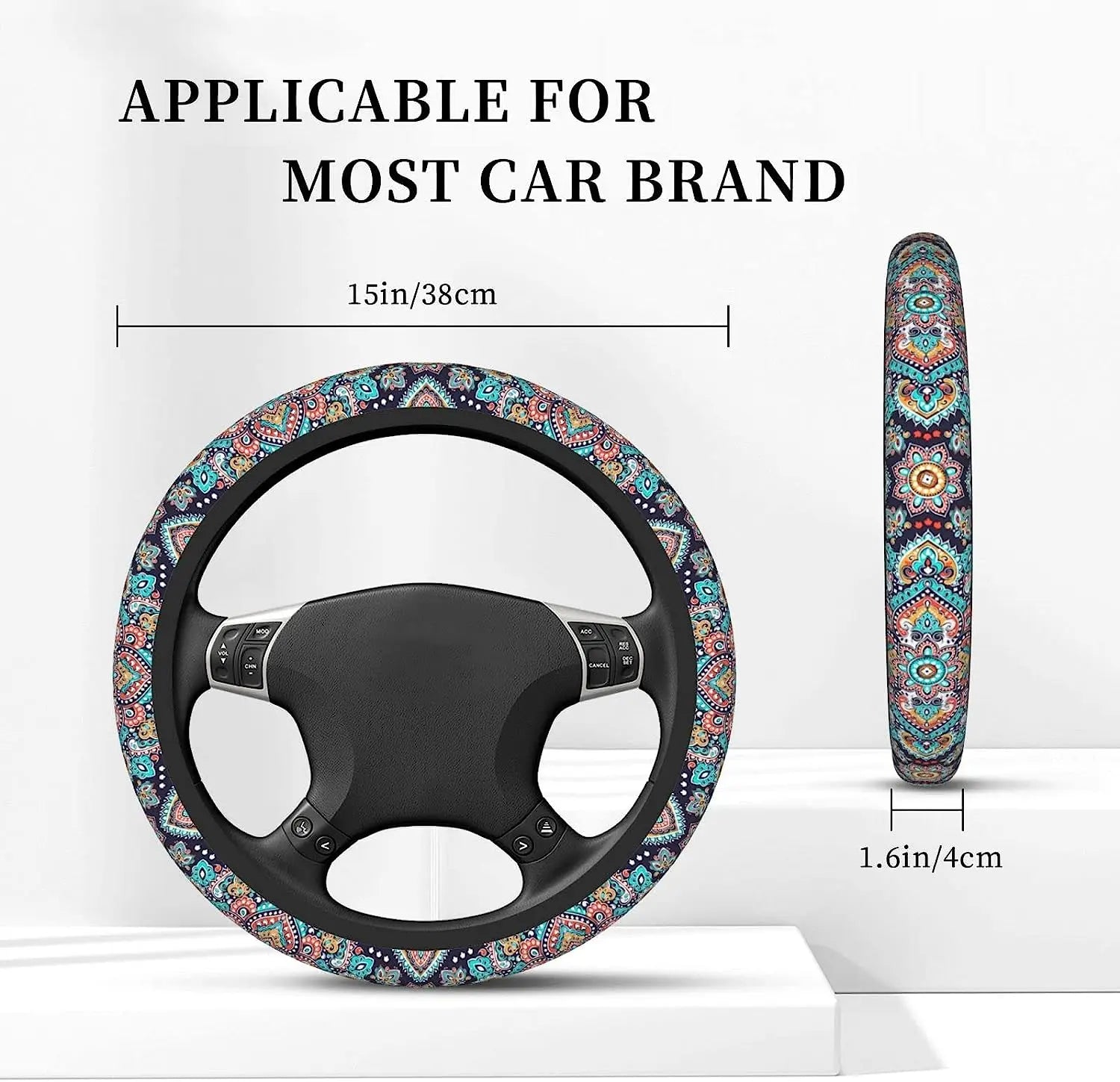 Retro Colorful Mandala Elastic Stretch Steering Wheel Cover Breathable Anti-Slip Fit  Sedans Cars Trucks Universal Fit