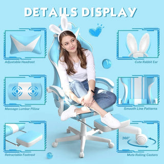 Kawaii Light Blue Gaming Chair with Bunny Ears, Ergonomic Cute Gamer Chair with Footrest and Massage, Racing Reclining