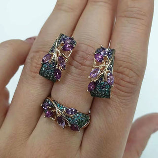 3pcs Women Luxury Leaf Animal Crystal Ring Earrings Jewelry Set Bohemian Leaf Flower Zircon Hoop Earrings Women Wedding Jewelry