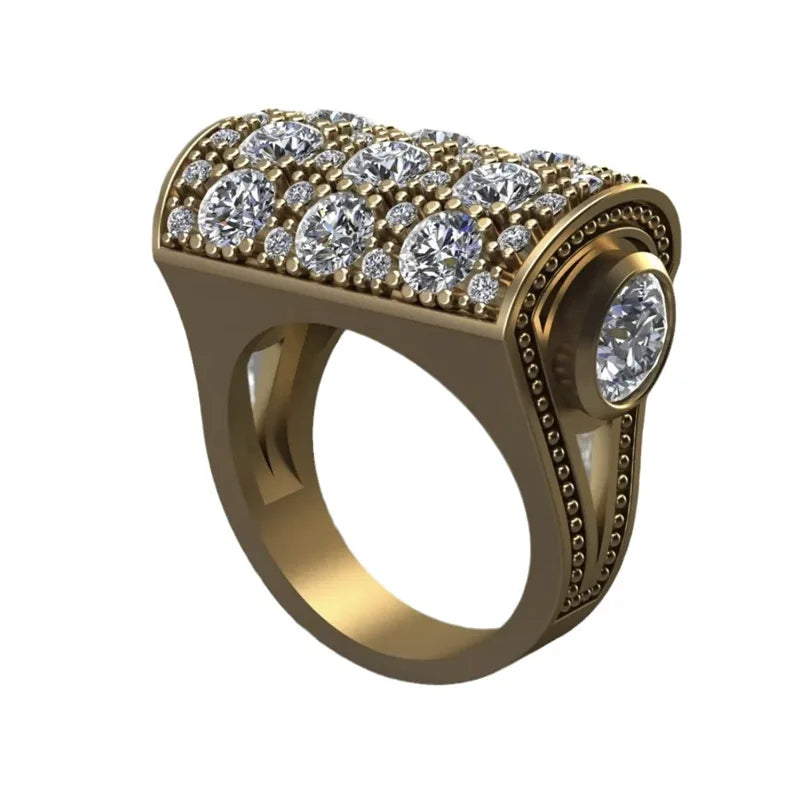 Dazzling Men Gold Color Round Rings Fashion White Stones Wedding Engagement Bridal Ring Jewelry