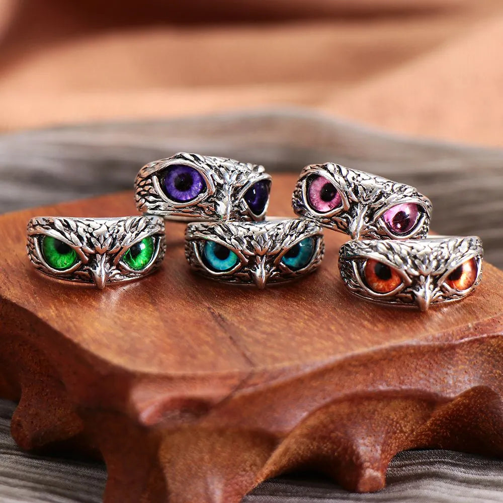 New Vintage Owl Rings For Women Men Design Multicolor Cat Eye Finger Rings Silver Color Adjustable Opening Animal Couple Jewelry