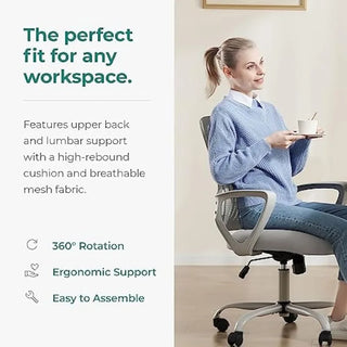 SMUG Ergonomic Office Chair Computer Gaming with Arms, Home Desk with Wheels, Mid-Back Task Rolling with Lumbar Support