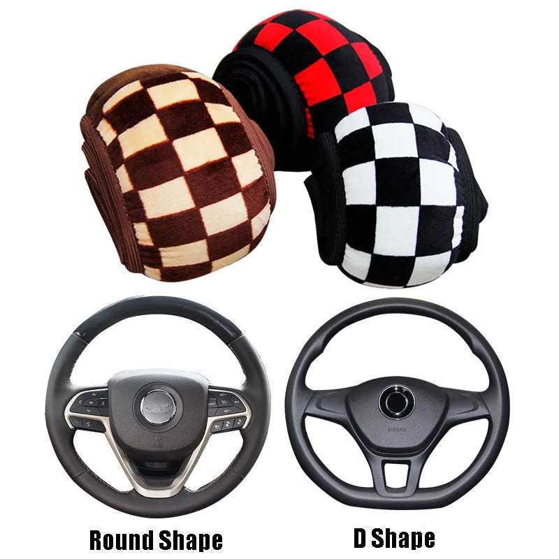 Black White Grid Plush Car Steering Wheel Cover Sport Style Warm Auto Steering Wheel Protector Interior Decoration Accessories