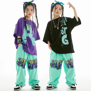 2023 Summer Kids Loose Cotton T-Shirt Pants Boys Hip Hop Outfit Modern Jazz Dance Costume Girls Kpop Performance Wear BL10366